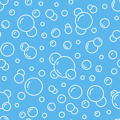 Bubbles vector seamless pattern with flat line icons. Blue white color soap texture. Fizzy water background, abstract effervescent effect wallpaper