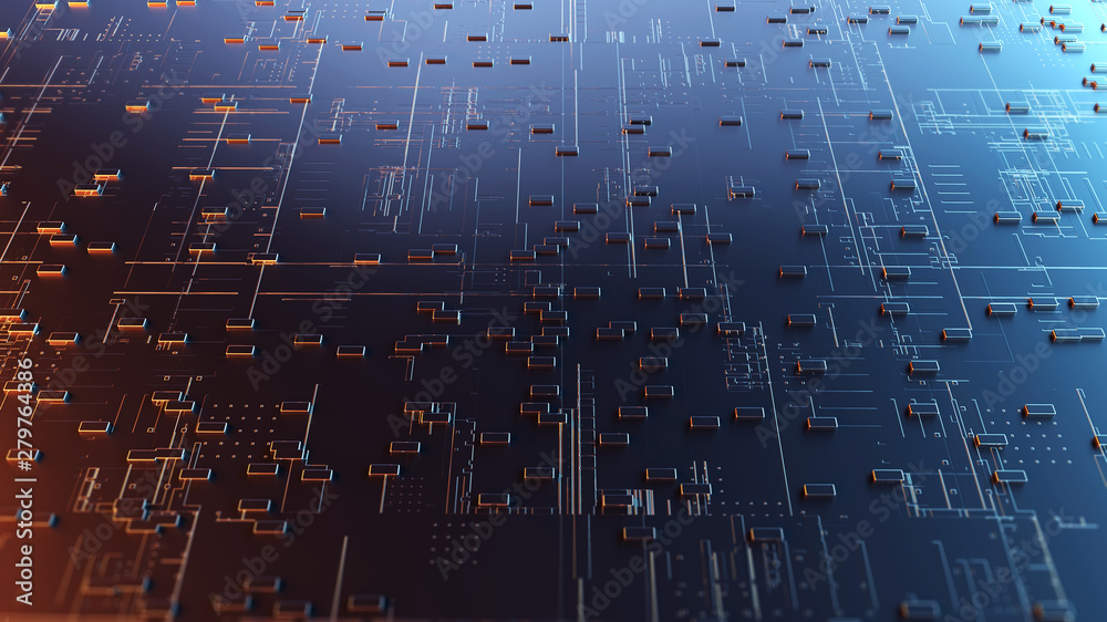 Poster Block chain network/Blockchain network concept , Distributed register technology , Block chain text and computer connection with blue background. 3D Rendering