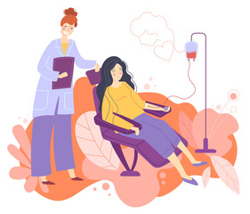 Volunteer Female Character Sitting in Medical Hospital Chairs Donating Blood. Doctor Woman Nurse Take it in Test Flasks, Donation, World Blood Donor Day, Health Care. Cartoon Flat Vector Illustration
