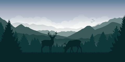 two wildlife reindeers on green mountain and forest landscape vector illustration EPS10