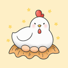 Hen and eggs hand drawn cartoon animal character. Hand drawing vector. Cartoon character design.