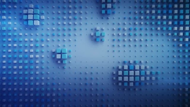 Blue cubes are pulsating on a plane. Computer generated abstract motion background. 3D render seamless loop animation