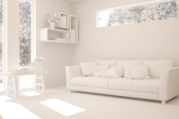Mock up of stylish room in white color with sofa. Scandinavian interior design. 3D illustration