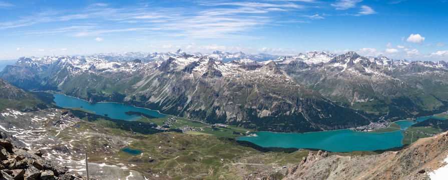 Panorama view over Engadin valley in Swiss Alps in summer 