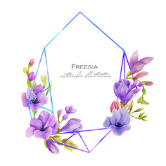 Watercolor purple freesia flowers geometric stylish frame, hand drawn on a white background, greeting card design - obrazy, fototapety, plakaty