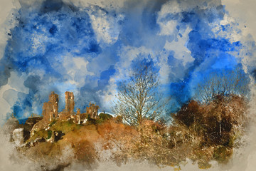 Digital watercolour painting of medieval castle and railway tracks