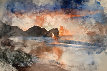Digital watercolour painting of Vibrant sunrise over ocean with rock stack in foreground