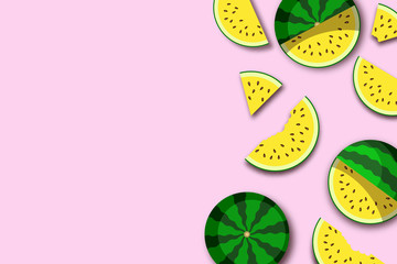 Watermelon. Summer background with whole fruit and fresh juicy yellow watermelon slices. Vector illustration 