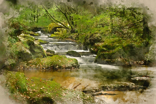 Digital watercolour painting of Stunning landscape iamge of river flowing through lush green forest in Summer