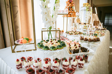 Candy bar at the wedding reception. Delicious desserts. Beautiful decorations. White flowers.