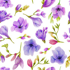 Watercolor purple freesia flowers seamless pattern, hand drawn on a white background