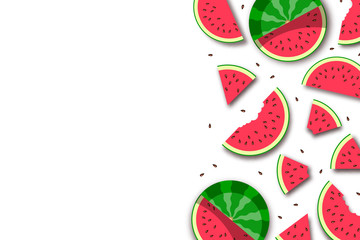Watermelon. Summer background with whole fruit and fresh juicy watermelon slices. Vector illustration  - 279766119