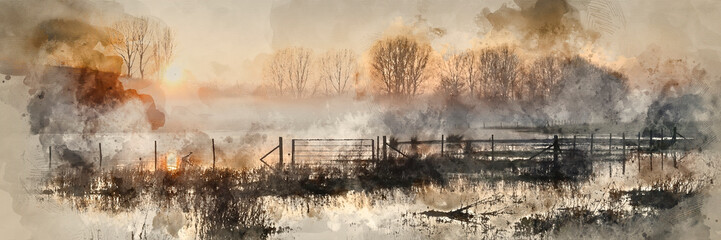 Digital watercolour painting of Panorama landscape of lake in mist with sun glow at sunrise - obrazy, fototapety, plakaty