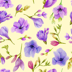 Watercolor purple freesia flowers seamless pattern, hand drawn on a yellow background