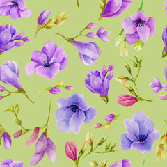 Watercolor purple freesia flowers seamless pattern, hand drawn on a green background