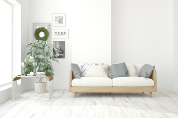 Stylish room in white color with sofa. Scandinavian interior design. 3D illustration