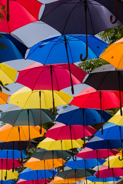 Colorful parasols together, over the street, give shadow of sunlight.