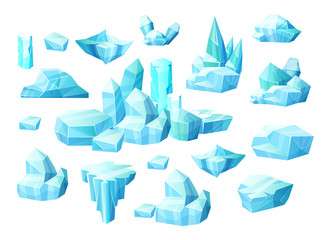 Realistic set of crystals of ice, iceberg broken pieces of ice