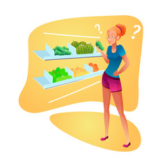 Lady in grocery store flat vector illustration