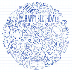 Vector set of cute creative illustration templates with birthday theme design. Hand Drawn for holiday, party invitations. Drawing on squared notebook.