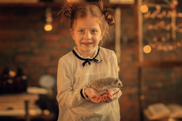 girl holding hedgehog in the hands with blurred background