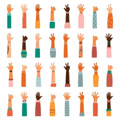 Set of different races raised up hands. The concept of education, business training, volunteering charity, party.