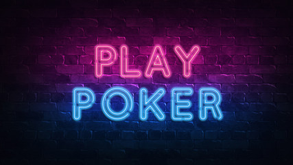 Fototapeta na wymiar Play poker neon sign. Fortune chance jackpot. Poker cards casino background. purple and blue glow. neon text. Brick wall lit by neon lamps. 3d illustration. Trendy Design. bright advertisement