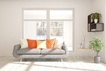 Stylish room in white color with sofa. Scandinavian interior design. 3D illustration