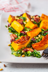 Pumpkin salad with nuts, cranberries and kale in a rectangular plate.