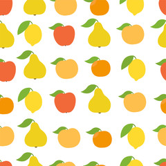 Fruits seamless pattern background. Apple, peach and lemon mandarin and pear. Vector fullcolor illustration.