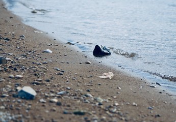 tinted photograph of a river bank with stones and a single stone in the center