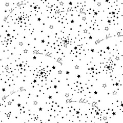 Space stars background, white sky and black stars with wording “Shine like a stars” random seamless vector pattern. Stars on the sky vector illustration