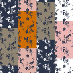 Vintage Vector patchwork vertical pattern.Silhouette floral botanic decorative collage. background. colorful motifs design for fashion,fabric,web,wallpaper,