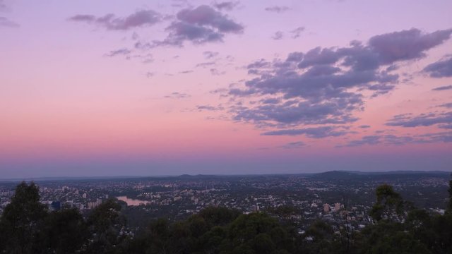 View of Brisbane City from Mount Coot-tha at sunset. Queensland, Australia.