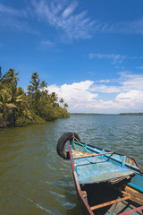 Obraz premium Canoeing on backwaters of Munroe islands, Kerala, India. Serenely tropical island with coconut trees and rivers. Clear reflections on Ashtamudi lake. Peaceful boating at sun rise. Kollam district