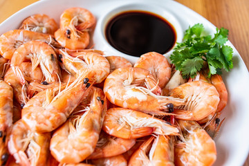 Chinese food, a dish of boiled shrimp on the dining table