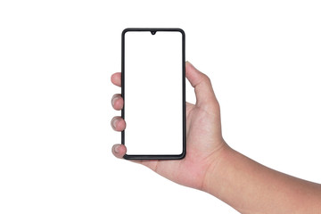 Man hand holding the black smartphone with blank screen isolated on white background with clipping path.