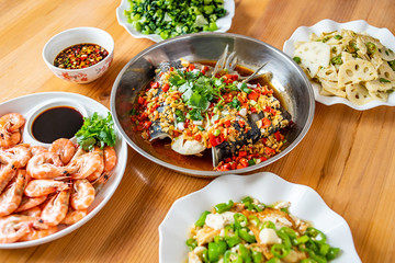 Chinese food, a table full of delicious home cooking