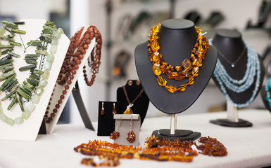 Womens jewelry from amber in a jewelry store