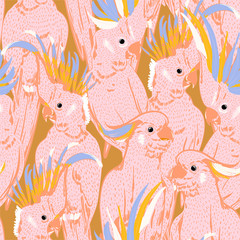 Pastel en zoete stemming en toon hand schets doodle van roze kaketoe papegaai vogels naadloze patroon in vector design voor mode, stof, web, behang en alle prints