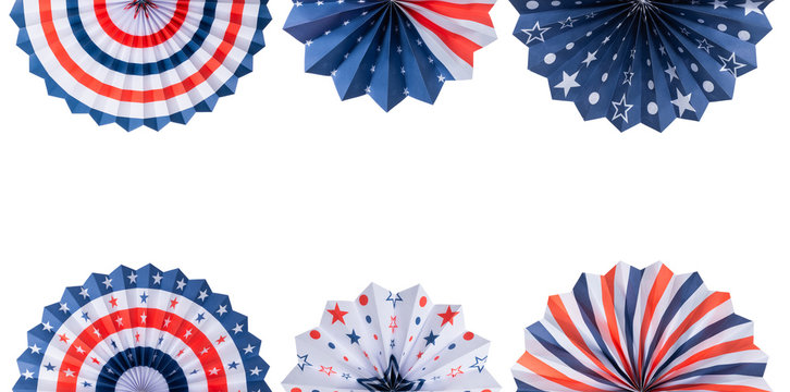 Paper fans USA American flag style decorations banner frame isolated on white background.