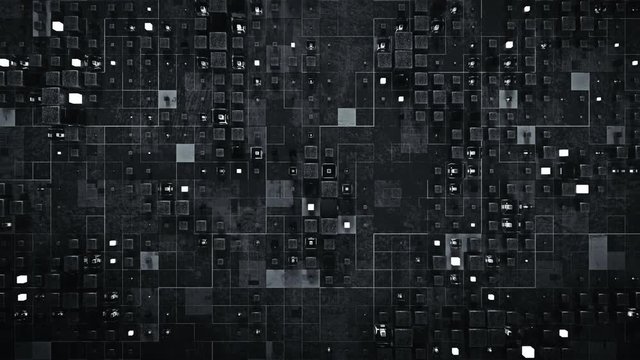 Futuristic sci-fi wall with dark gray cubes. Abstract science fiction background. Seamless loop 3D render animation 4k UHD 3840x2160