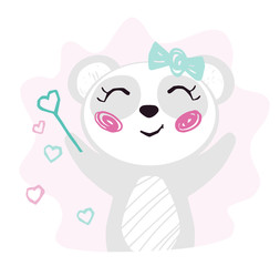 Panda baby girl cute print. Sweet bear with magic wand, bow.