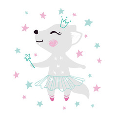 Wolf baby girl cute print. Sweet she-wolf with magic wand, crown, ballet tutu, pointe shoes.