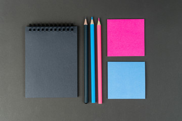 black notebook, blue and pink notes and pencils on black background. Mock up, copy space. concept of common, female and male thoughts, ideas.