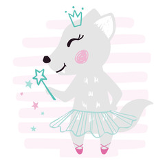 Wolf baby girl cute print. Sweet she-wolf with magic wand, ballet tutu, pointe on striped background