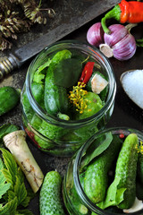 Fermentation of cucumbers. Cucumbers in jars. Herbs and spices. The concept of pickling cucumbers. Probiotics. Fermented foods.