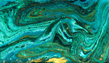 Green and gold marbling pattern. Golden powder marble liquid texture.