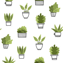 Home flowers in pots. Vector seamless pattern in Doodle style