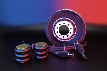 Many new auto parts for commercial transport truck. Spare parts for suspension truck. Truck parts air spring, tire and shock absorber. 3d rendering